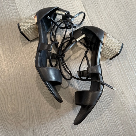 Calvin Klein Natania Black Leather Strappy Lace Up Dress Sandals Silver Heel 7 - Picture 2 of 11